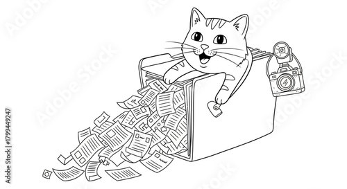 A happy cartoon cat sitting in a box overflowing with many documents and papers, with a lock on the side.