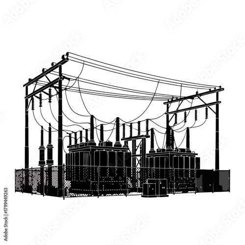 Electric Power Substation Silhouette Graphic, High Voltage Energy Transmission Art, Industrial Electricity Grid Vector, Utility Infrastructure Distribution Icon, Transformer Station Black and White