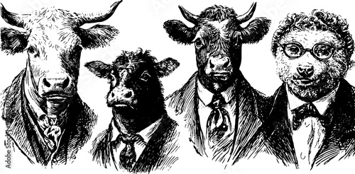 Vintage engraving illustration featuring anthropomorphic cows in suits and glasses. This black outline set is a unique vector character style.