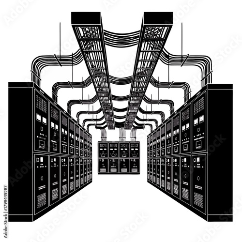 Data Center Server Room Black Vector, Network Computing Infrastructure Graphic, Digital Server Rack Aisle Illustration, IT Technology Information Hosting, Cryptocurrency Mining Farm Silhouette