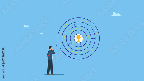 Contemplation businessman finding the way in labyrinth to reach target. Path to success, challenge to find the way to achieve target or goal and win trophy, solve problem or business decision.