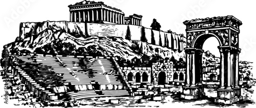 Ancient architecture featuring a temple, ruins, and a theater. Black and white vector illustration highlighting historical landmarks.