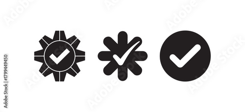 Black Award Badge Icons with Checkmark, Certification and Verified Symbols Pack, vector illustration EPS 10.
