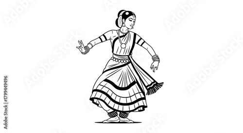 Black and white illustration of a woman performing classical Indian dance with traditional attire and graceful mudras.