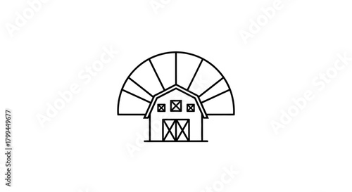 Line art illustration of a barn with a radiating sunburst design behind it, depicting a farm or agricultural theme.