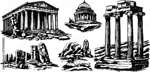 Antique architecture engraving featuring historic buildings. Hand-drawn vector illustration showcasing classic columns and landmarks in a set.