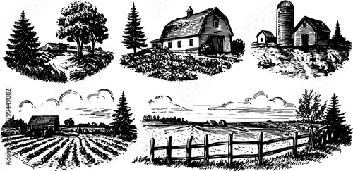 Engravings depicting rural landscapes with barns and fields. Vintage hand-drawn vector illustration showcasing countryside scenes in a set.