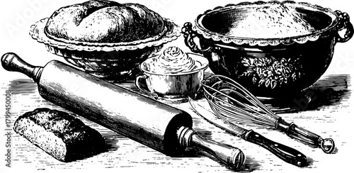 Vintage baking scene featuring essential tools in a set: a rolling pin, bowls, and whisk. Hand-drawn vector illustration of kitchen utensils.