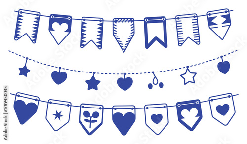 Festive Blue Bunting with Hearts, Stars, and Geometric Shapes