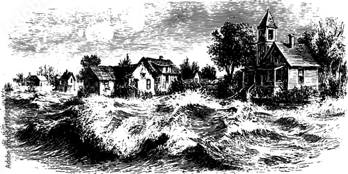 House silhouette against waves in a vintage style. This set features a stormy water background with details of buildings and nature elements in a vector illustration.