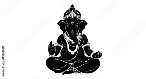 Black silhouette of the Hindu deity Ganesha sitting in a meditative pose, adorned with a crown and jewelry, on a white background.