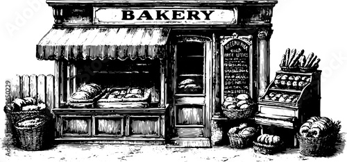 Antique bakery engraving featuring a detailed shop front. This vintage illustration showcases a set of bread and pastries in a rustic style.