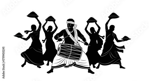 Traditional folk dance silhouette with a drummer and four women holding baskets.