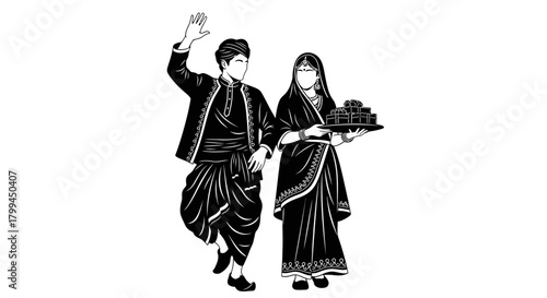Black and white illustration of a man and woman in traditional attire, with the woman holding a tray of sweets.
