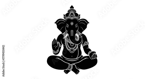 Black silhouette of the Hindu deity Ganesha sitting in a meditative pose with an elephant head and four arms, adorned with traditional ornaments.