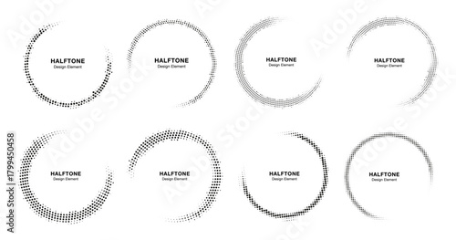 Halftone Circle Frame Abstract Dots Logo Emblem Design Element For Medical, Treatment, Cosmetic. Round Border Icon Using Halftone Circle Dots Raster Texture. Vector Emblem.