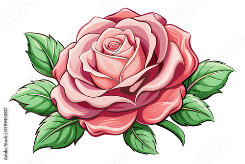 Beautiful soft pink rose with delicate petals and fresh green leaves, romantic plant blossoms symbol of love, peace and elegance, in the combination of soothing flower nature for decorative design...