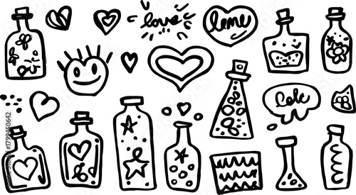 Hand-drawn black silhouette illustrations of bottles and hearts. This vector illustration showcases various designs in a creative set.