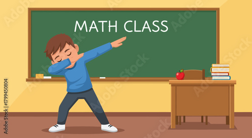 Enthusiastic student celebrates success in math class with a playful dab pose in vibrant classroom