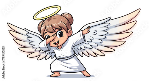 Cartoon angel illustration dabbing pose with halo and wings expressing joy and happiness