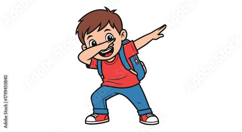 Cheerful cartoon schoolboy character strikes a celebratory dab pose with backpack