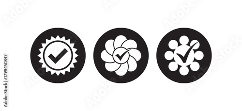Black Checkmark Badge Icons Set, Approval Seal and Certification Label Collection, vector illustration EPS 10.