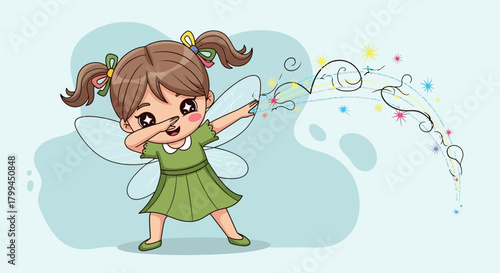 Adorable cartoon fairy girl performing dab pose with wings and magical trail isolated on light