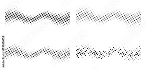 Halftone Wave Pattern. Abstract Half Tone Circle Dots Wavy Background. Music Sound Wave. Vector Set.