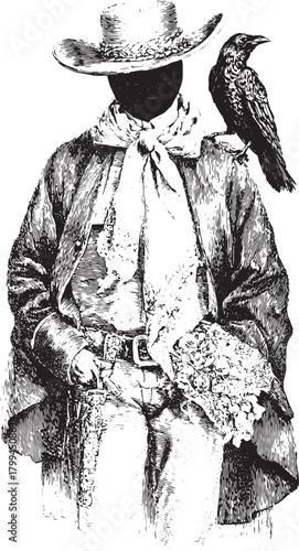 Cowboy with hat, raven, revolver, and scarf shown in a vintage engraving style. Black and white vector illustration with strong western elements.