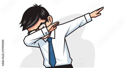 Cartoon businessman dabbing in celebration of success and modern trends illustration