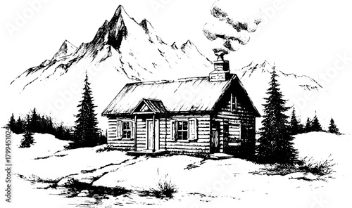 Vintage cabin illustration in a mountain landscape. It showcases an outlined design with snowy details in a black and white vector illustration.
