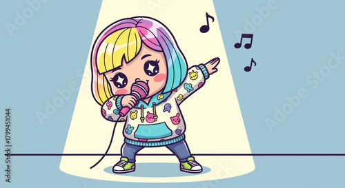 Cute cartoon girl with colorful hair singing with a microphone on stage illustration