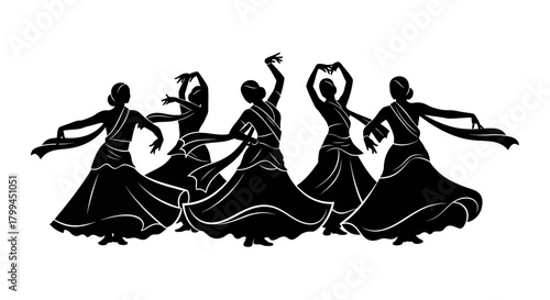 Silhouette of five women performing a traditional Indian dance with graceful arm movements and flowing attire.