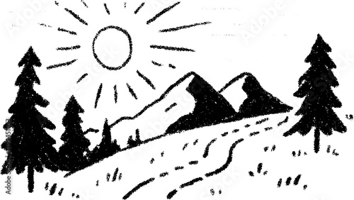 Landscape illustration featuring mountains, trees, and sun. Simple black and white vector artwork depicting natural scenery set in an outdoor environment.