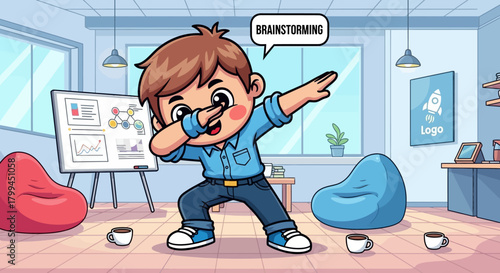 Illustration of a boy dabbing during a brainstorming session in an office setting