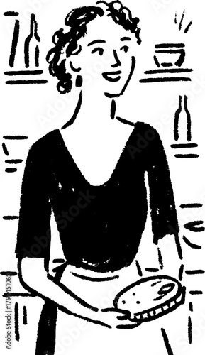 Woman in a kitchen holding a pie dish. Simple black and white vector illustration of cooking and food.
