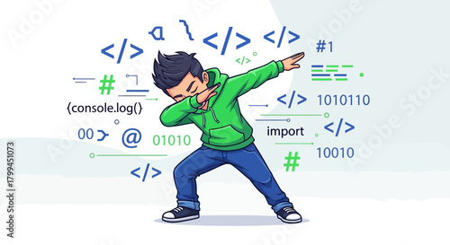 Cartoon Programmer Celebrating Coding Success with a Dab Dance and Various Code Symbols all around