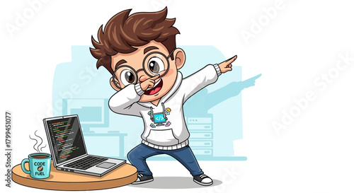 Cartoon programmer dabbing next to laptop, emphasizing coding and youthful enthusiasm