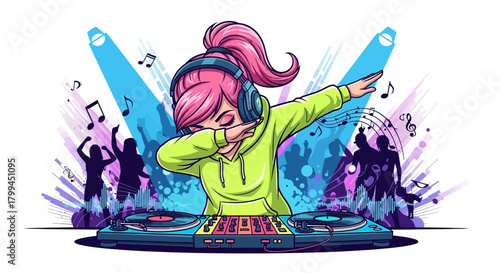 Cartoon DJ Girl Dabbing at Party with Music Notes and Dancing Silhouettes Colorful Illustration
