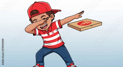 Cartoon pizza delivery boy dabbing with pizza box in hand showcasing fun and youthful energy