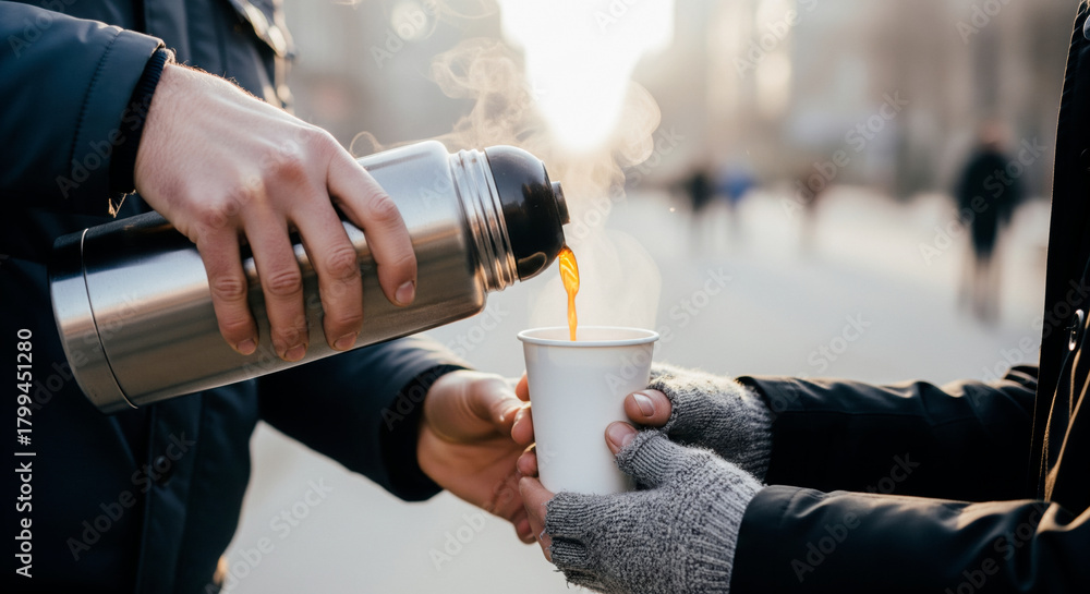 Naklejka premium Street outreach volunteer pouring hot coffee from a thermos into a paper cup for a homeless person on a cold morning charity and kindness in the community close up of hands