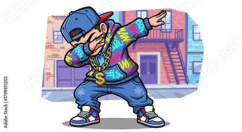 Cartoon character displaying urban youth culture with a hip hop themed illustration
