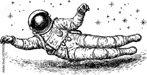 Astronaut in vintage engraving style. Detailed line drawing of a space suit floating in the cosmos, black and white vector illustration.