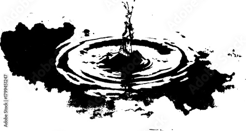 Water splash creating circular ripples in black and white. Hand-drawn vector illustration emphasizing movement and texture.