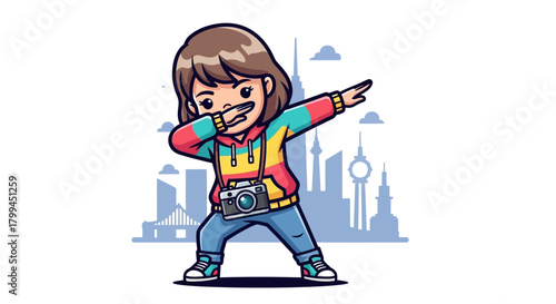 Cartoon traveler dabbing against a city skyline background illustration vector