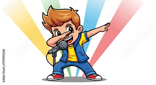 Cartoon boy character doing a dab pose while holding a microphone illustration