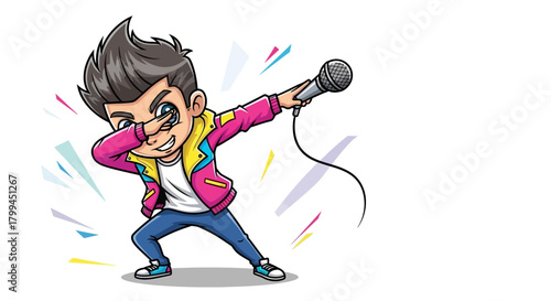 Cartoon character making dab gesture while holding a microphone with energy  and vibrant