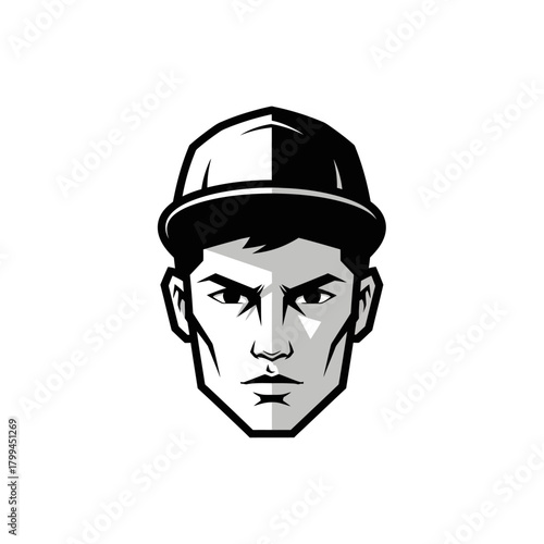 Stylized monochromatic illustration of a man's head wearing a hard hat with a serious expression, depicted in a graphic, iconic style.