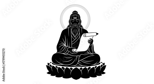Stylized black and white illustration of a bearded sage figure sitting on a lotus, holding a scroll and pen, with a halo.
