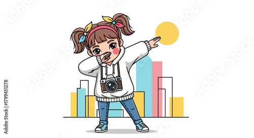 Illustration of a playful girl dabbing with a camera in a vibrant urban setting